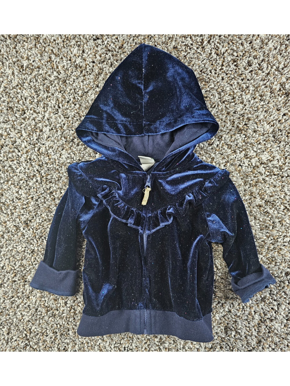 Little Me Baby Girls Sz 12M Zip Up Hoodie Velour Velvet Dark Purple Glitter